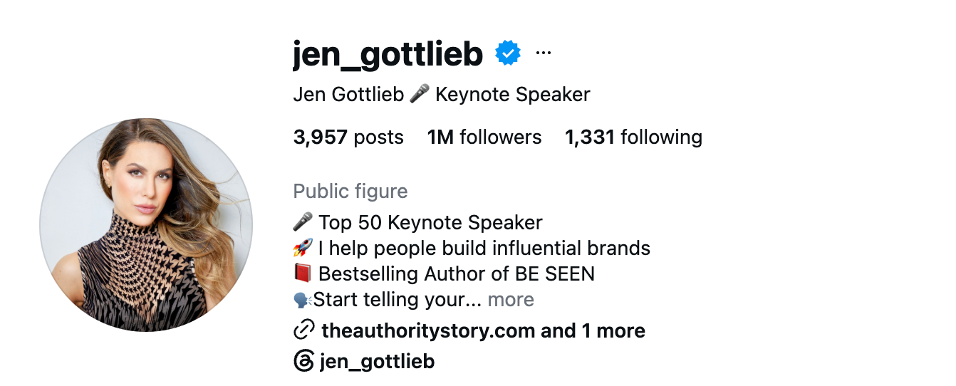 Jen Gottlieb's verified Instagram profile showing one million followers
