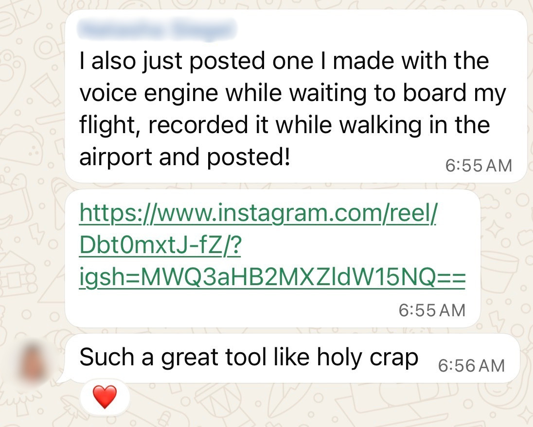 Member message saying she made a Reel with My Voice Engine while waiting to board a flight, recorded it while walking in the airport, and posted it