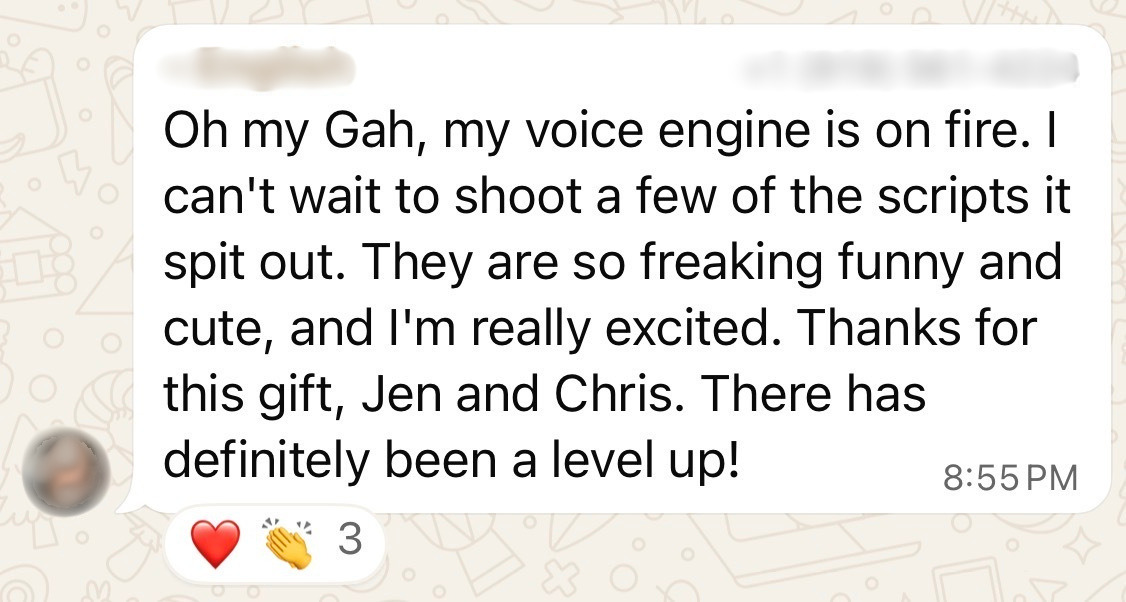 Member message saying My Voice Engine was on fire and she could not wait to shoot the funny and engaging scripts it created
