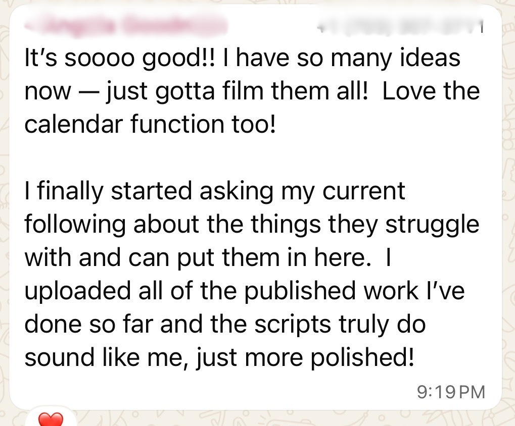 Member message saying My Voice Engine gave her many ideas and that the scripts truly sound like her, just more polished